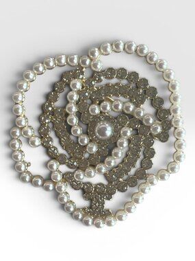 CHANEL Gold Pearl and Crystal Camellia Flower Brooch B21 K (CCXX018)